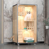 Large Wooden Cat House, 60 * 60 * 125cm Indoor Cat Condo Enclosed, Multi-Feature Luxury Cat Villa with Wheels Scratching Post, Wooden Cattery Cage Enclosure with Tempered Glass Doors,White