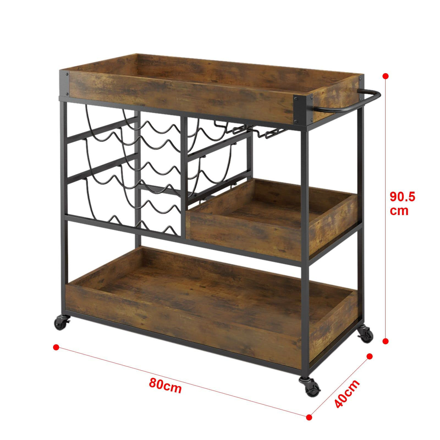 3-Tier Rustic Bar Cart with Wine & Glass Racks