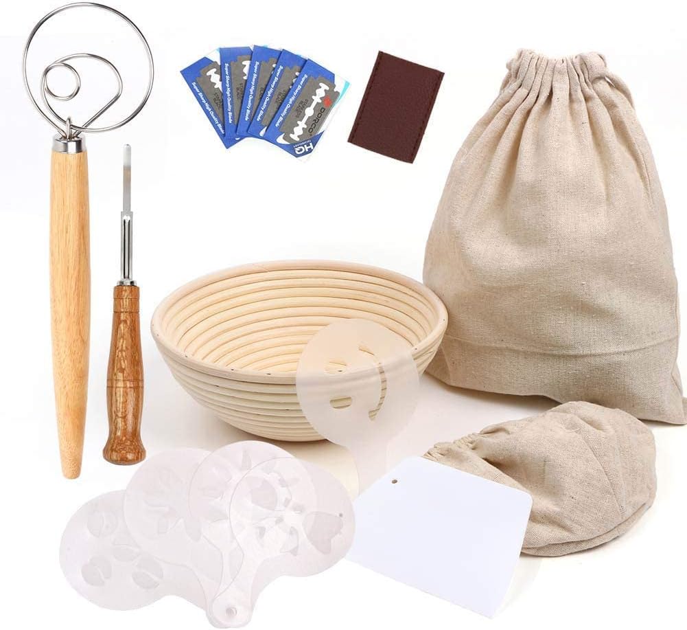 Bread Proofing Basket 9 Inch, Professional Baking Tool 7 Pack Set, Includes Banneton Proofing Basket, Cloth Liner, Bread Bag, Scoring Lame, Whisk, Scraper, Stencils, for Professional and Home Baker …