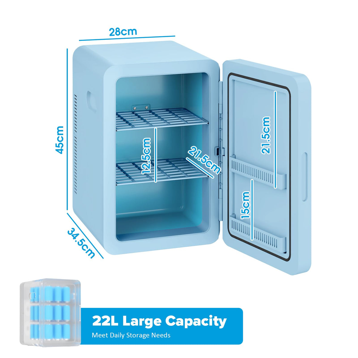 22L Mini Fridge, Portable Car Fridge Makeup Refrigerators AC/DC Powered Electric Cooler and Warmer for Cars, Homes, Offices, and Dorms, Blue