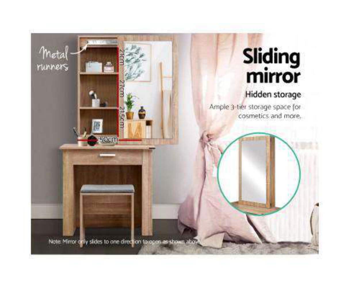 Dressing Table Mirror Slidable Makeup Space Stool Wooden Vanity Desk Chair, Home Bedroom Furniture Oak Girls Kids Women Organisers, with Legs Floor Standing