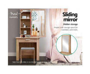 Oak-Look Sliding-Mirror Dressing Table & Linen Stool