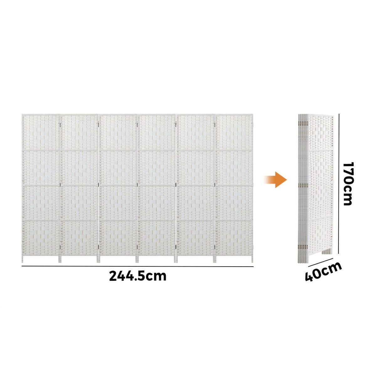 White 6-Panel Pine & Woven-Rattan Room Divider – 170cm