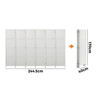 White 6-Panel Pine & Woven-Rattan Room Divider – 170cm