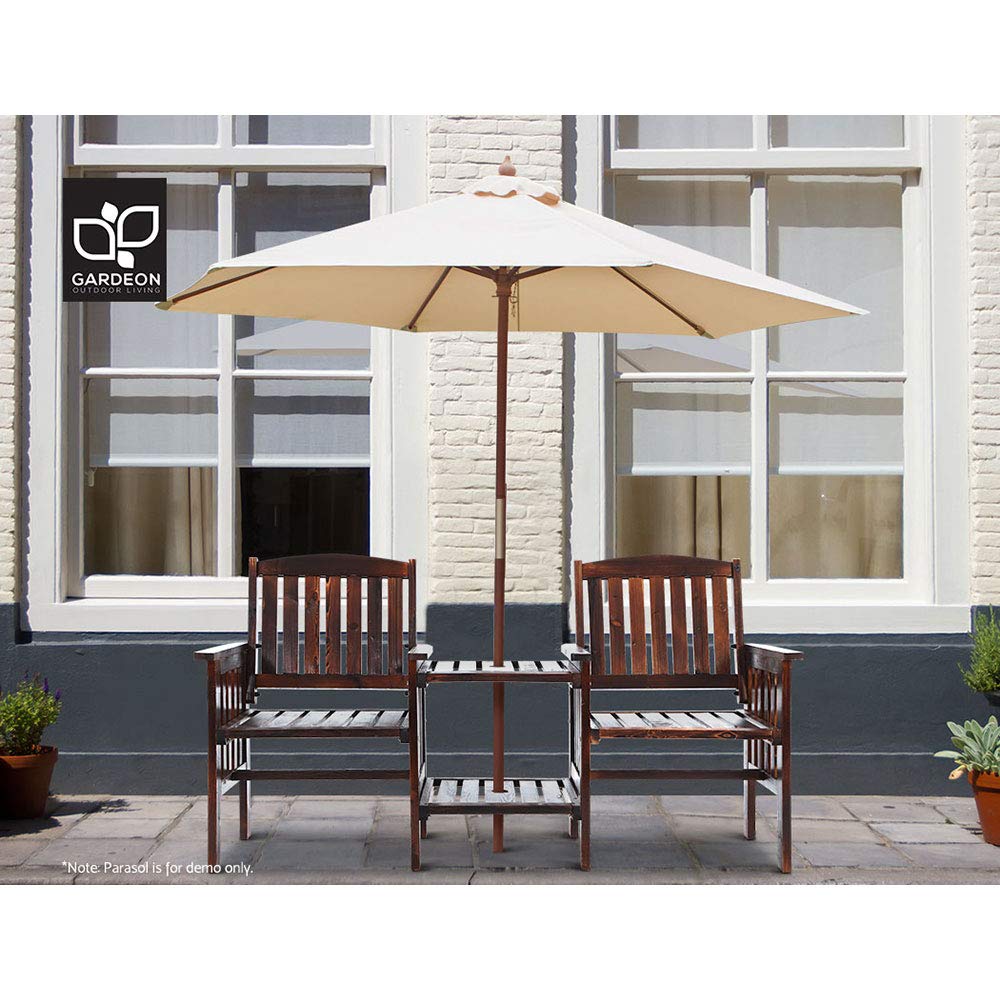 2-Seater Timber Garden Bench with Folding Table & Umbrella Hole