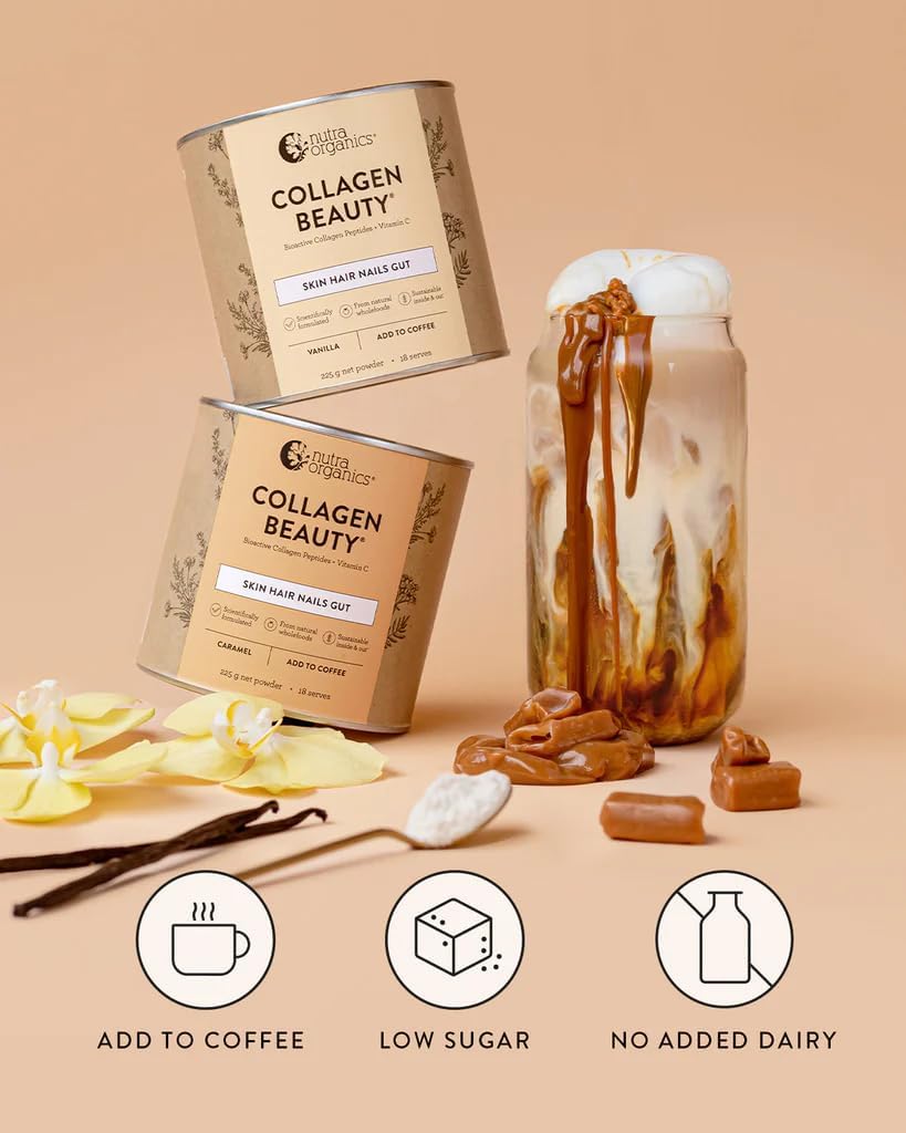 Nutra Organics Collagen Beauty Vanilla 225g | Low Sugar, Non-Dairy, Drink Mix w/Vitamin C | Collagen Powder that Supports Skin Elasticity & Hydration, Healthy Hair, Nails, & Gut Wellbeing (18 Serves)