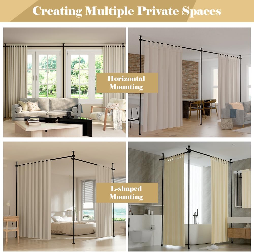 Kokorona Room Divider Curtain Rod, Double Vertical Tension Rods, No Drilling Curtain Rods for Room Separation, 71-290cm(W)1.2-3 m(H) Adjustable Floor to Ceiling Freestanding Curtain Rods Damage Free