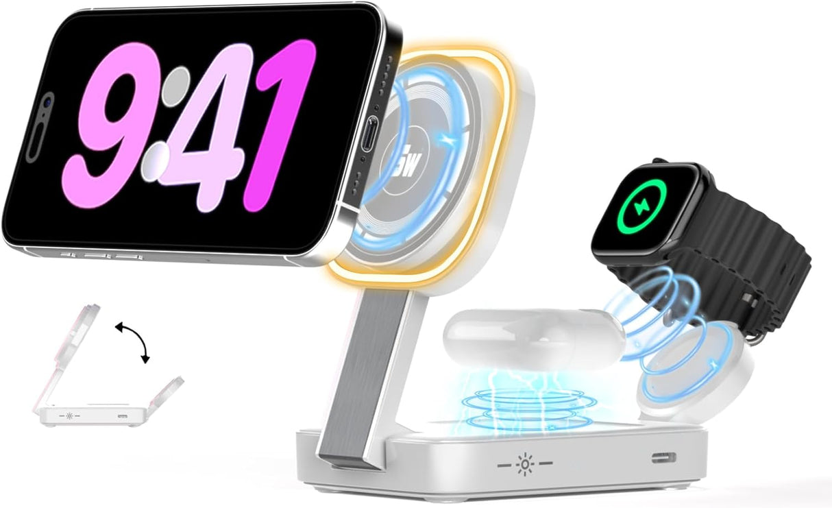 3 in 1 Foldable Wireless Charging Station for iPhone Magnetic Charger,Mag-Safe Travel Wireless Charger Stand Dock Compatible with iPhone 16/15/14/13&Air-Pods&Apple Watch with Night Light Stand(White)
