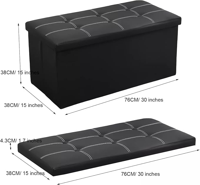 Foldable Storage Ottoman Bench with Padded Seat – Black, 76 × 38 × 38 cm