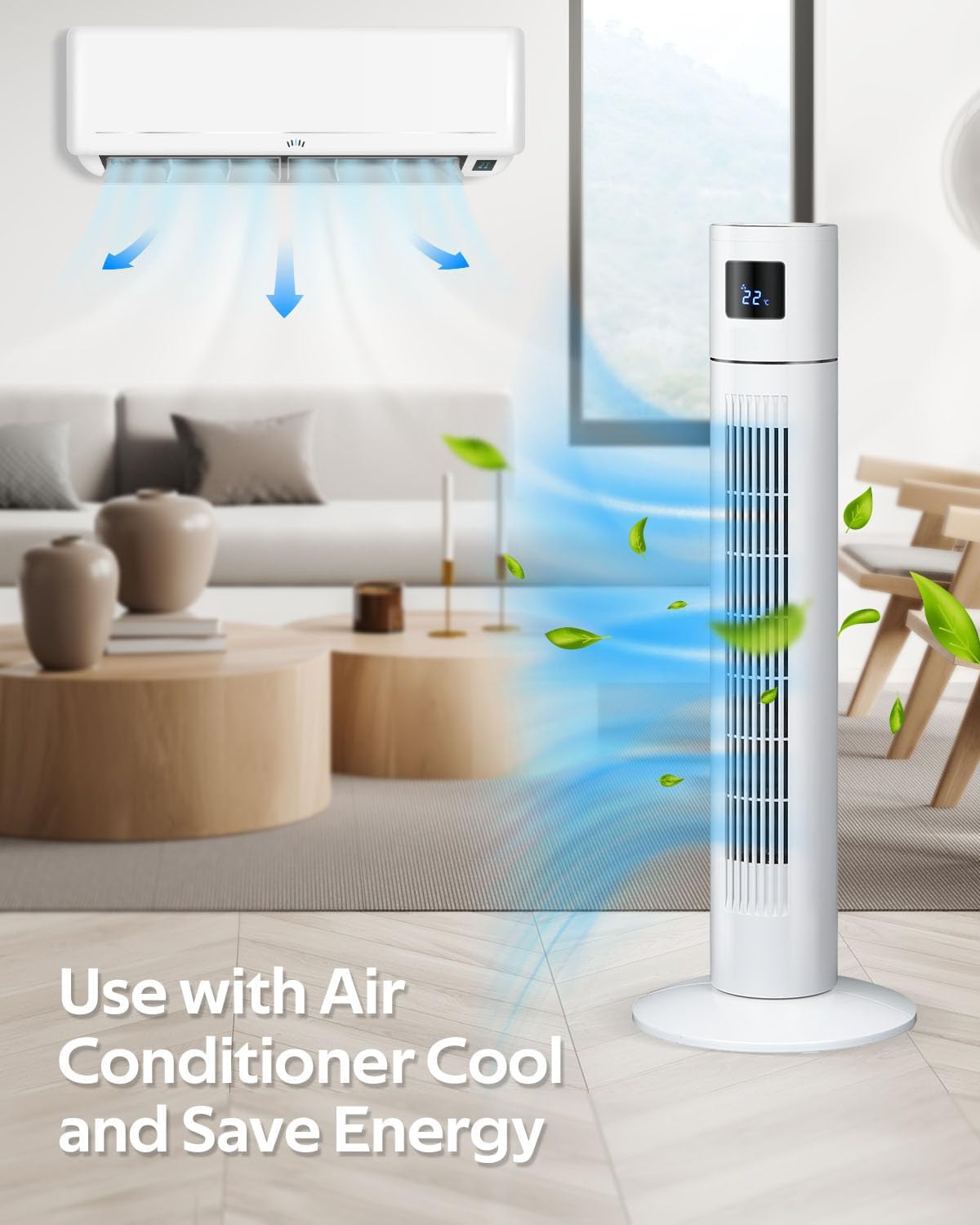 Tower Fan Portable Floor Fan Electric Cooling Fans with 3 Speed, 12H Timer, 70° Oscillating, LED Digital Display for Bedroom Home Office, White