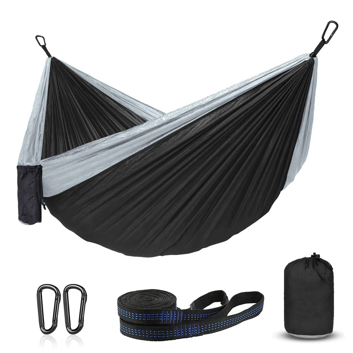 Portable 210D Nylon Camping Hammock – Black & Grey
