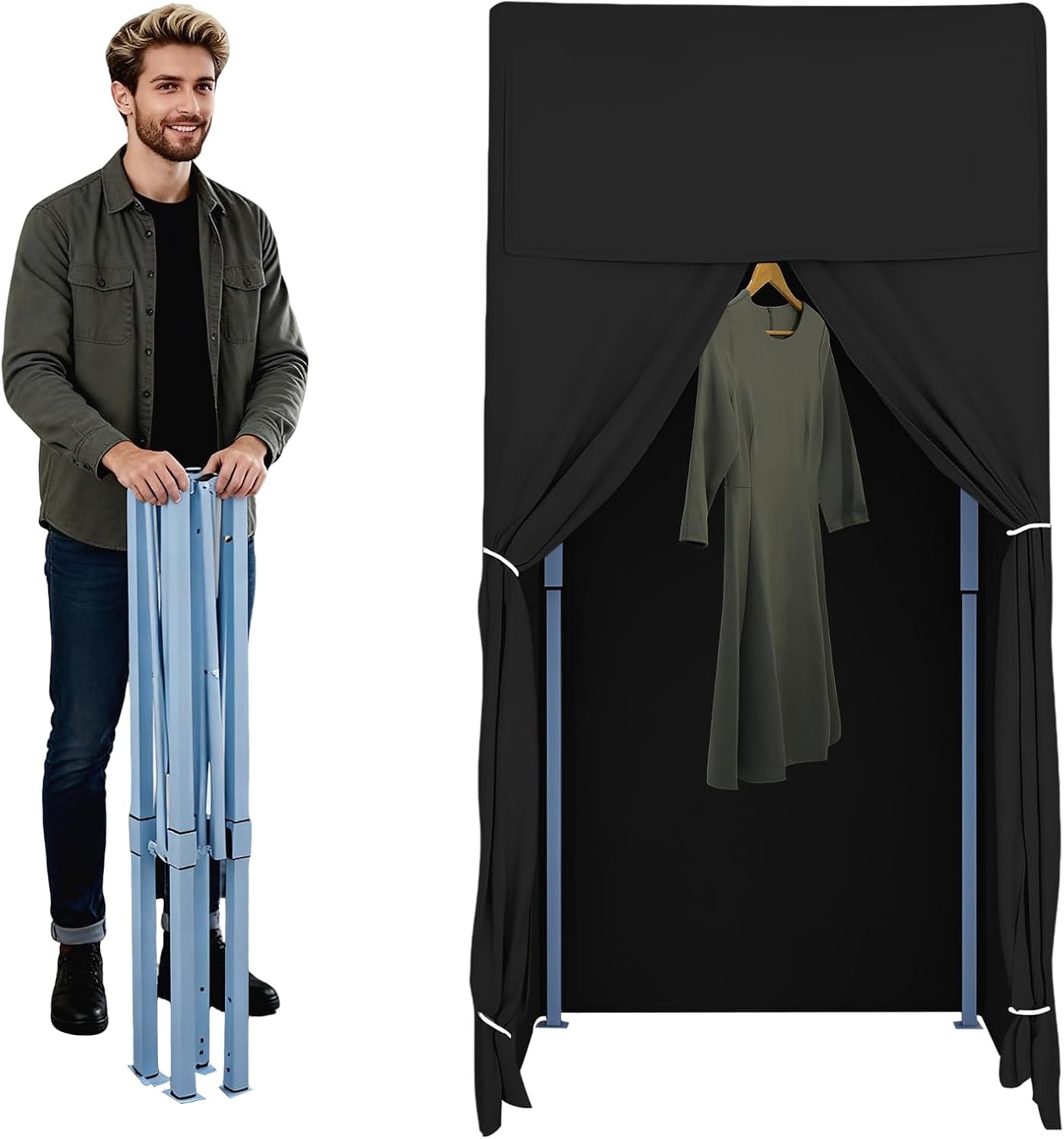 100 × 100 × 200 cm Foldable Black Fitting Room with Curtain & Hooks