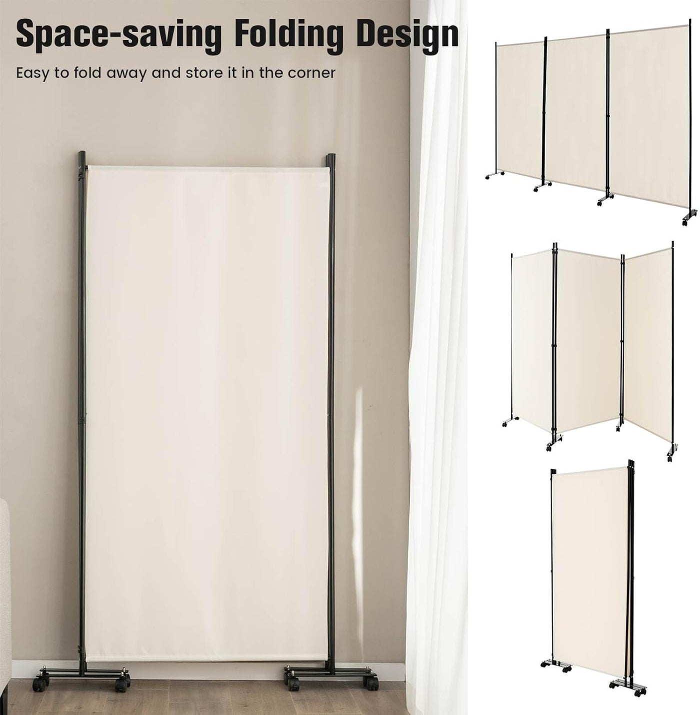 180cm Rolling 3-Panel Room Divider – Black or White Star