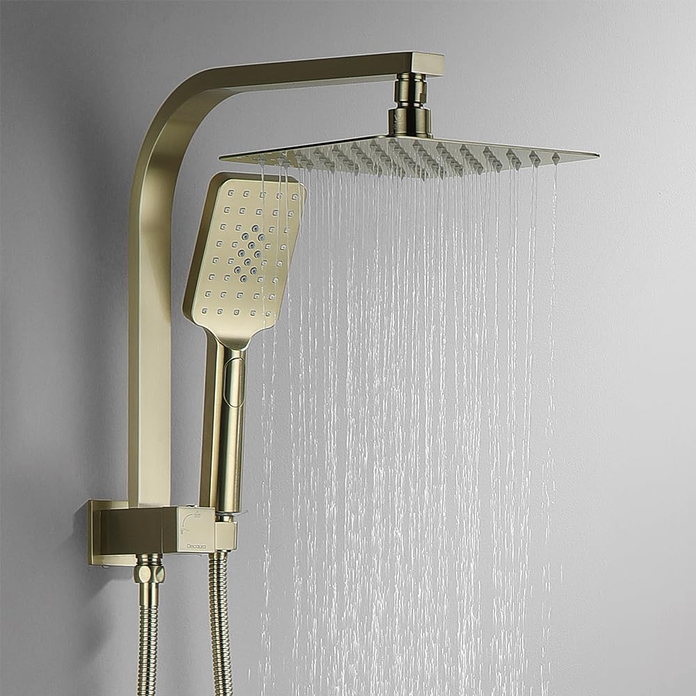 8-Inch Square Brushed-Gold Twin Shower Rail Set