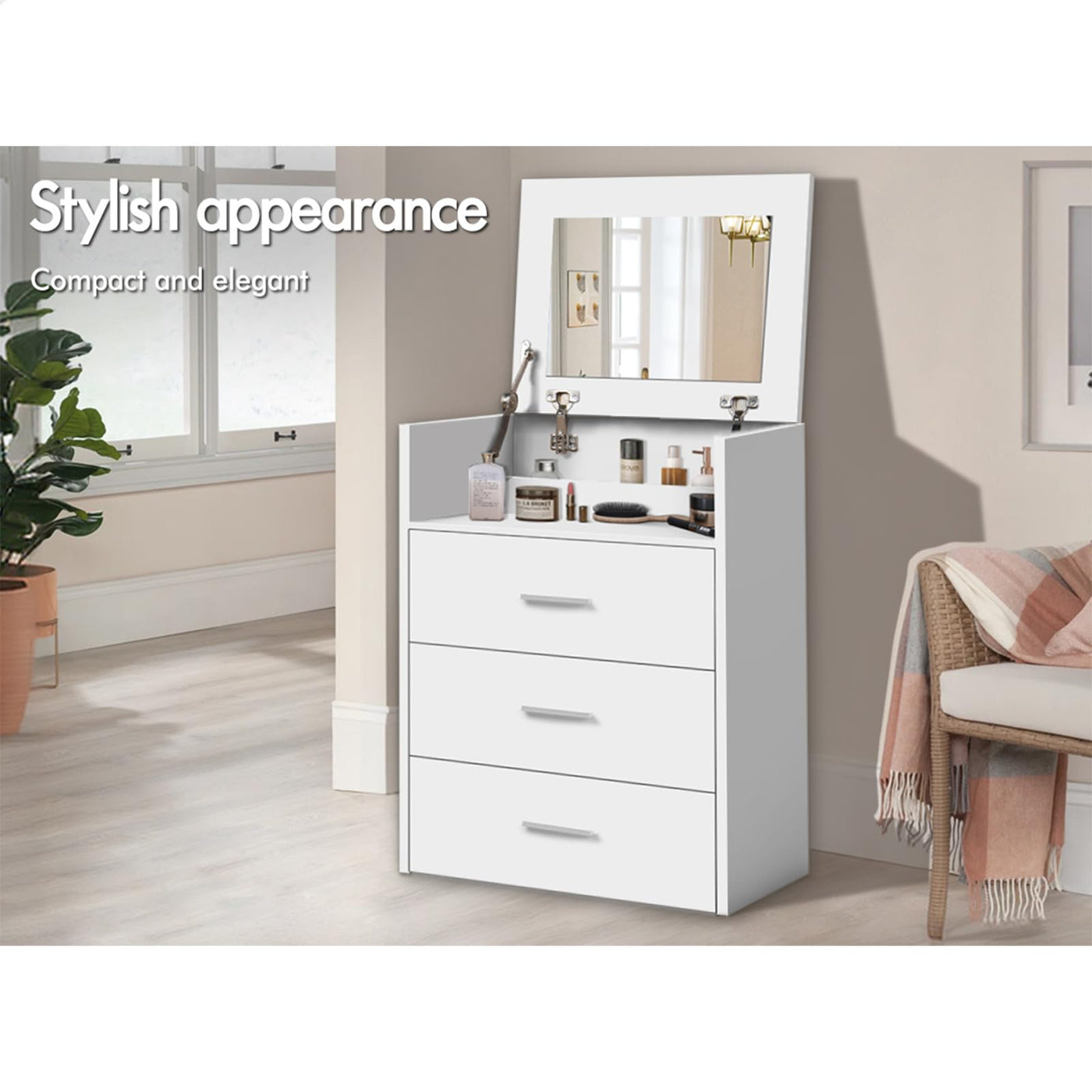 White Fold-Away Vanity Desk with Mirror, 3 Drawers & Hidden Stool