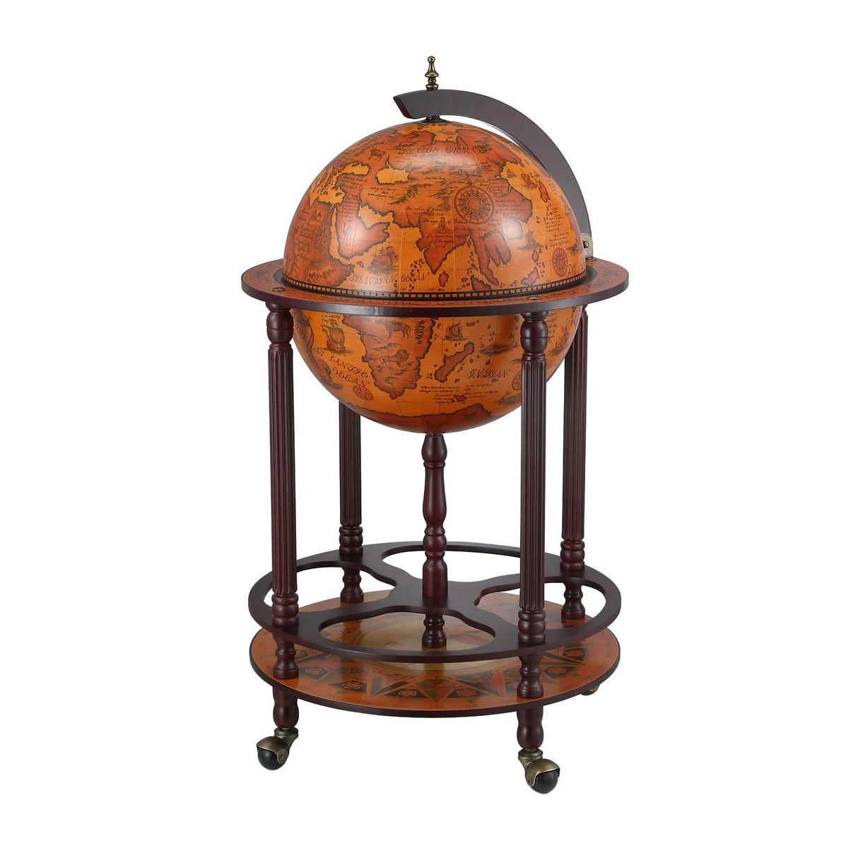 Antique Globe Bar Mini Wine Stand Rack Wooden Drinks Trolley Wine Storage Liquor Cabinet Alcohol Serving Cart Mid-Century