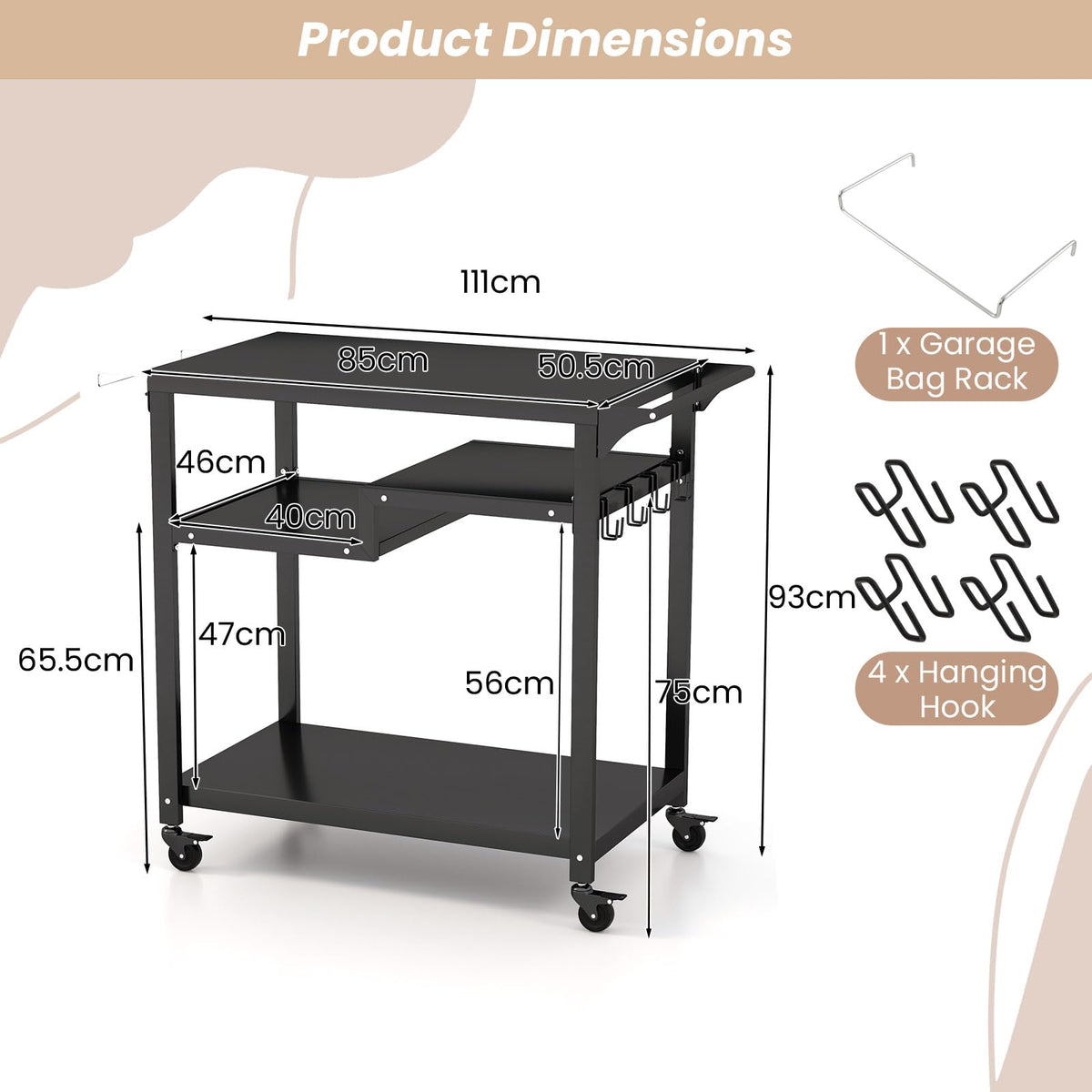 3-Shelf Outdoor BBQ & Pizza-Oven Prep Cart