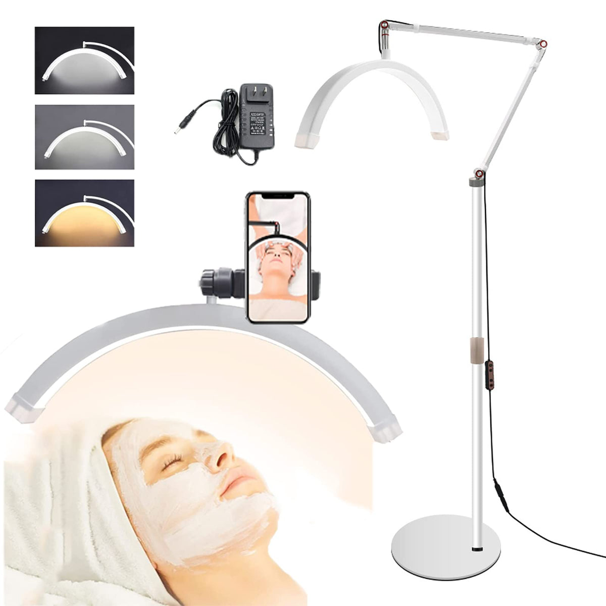 Lash Light, Half Moon Lamp with 3 Color Temperature, Tattoo Light with Phone Holder, LED Floor Lamp for Eyelash Extensions, Beauty, Skincare, Eyebrows, Filming Content Creation,White