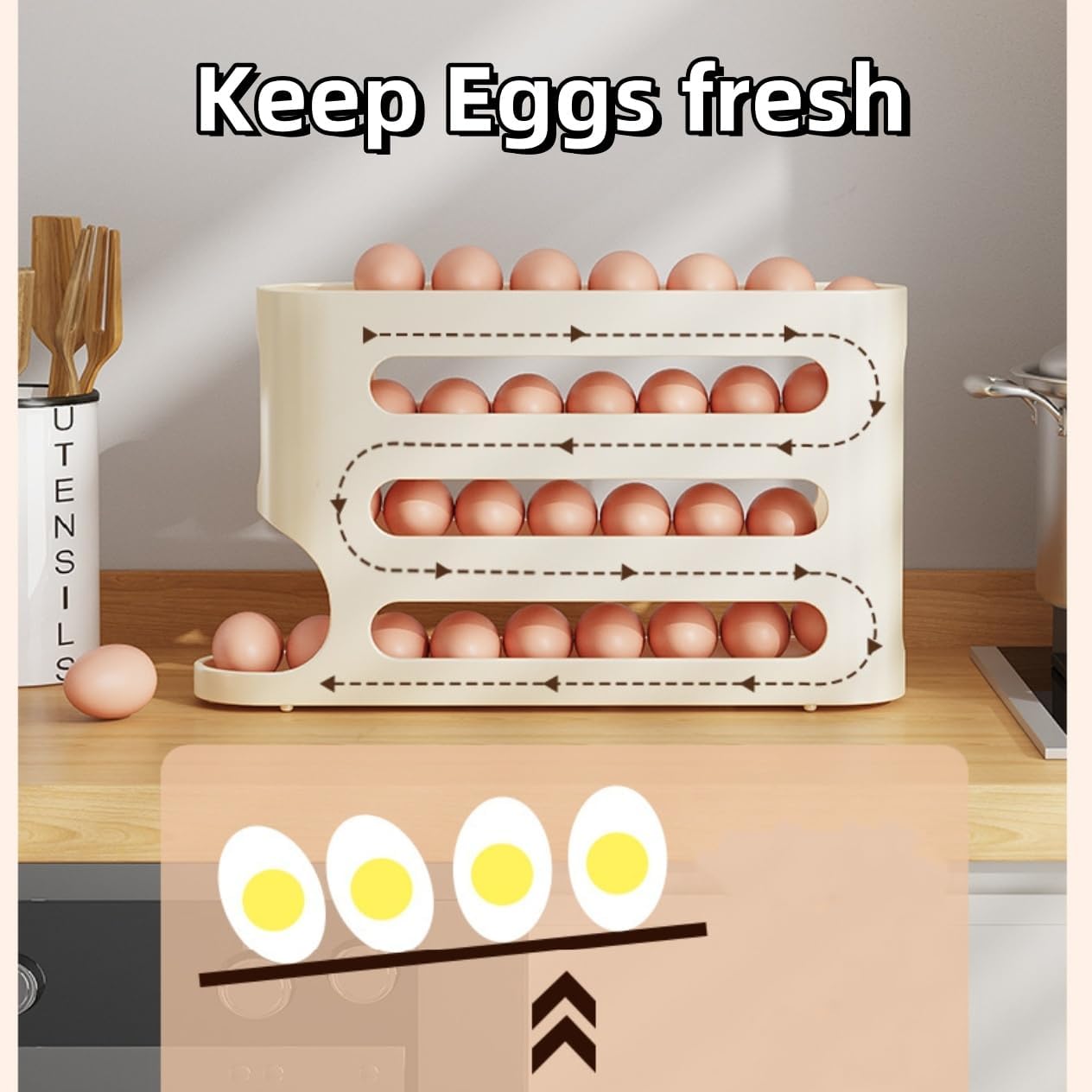 4-Tier Rolling Egg Dispenser for Fridge – Up to 30 Eggs