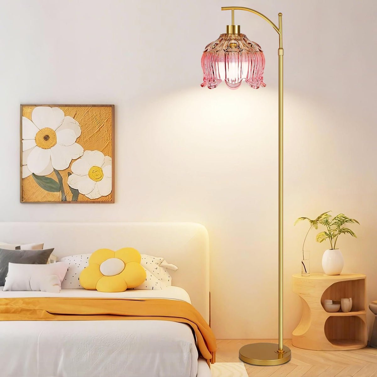 Gold Dimmable Floor Lamp with Pink Glass Shade