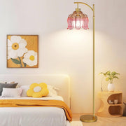 Gold Dimmable Floor Lamp with Pink Glass Shade