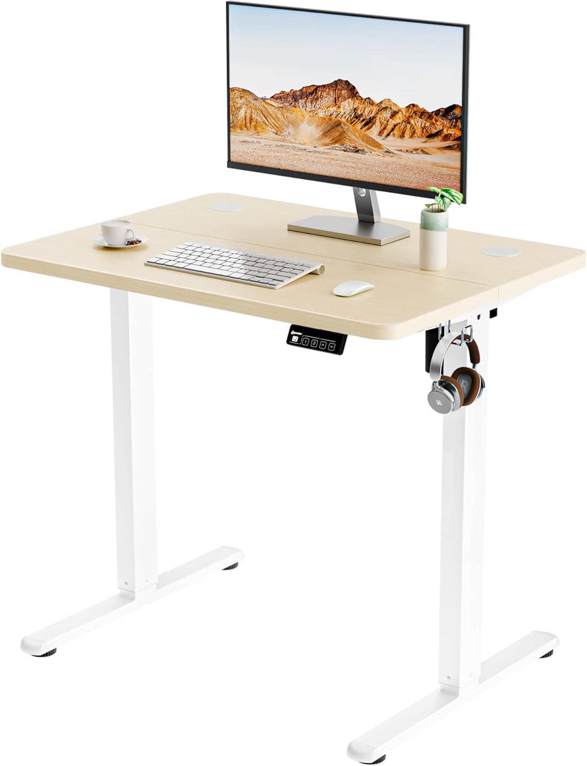 Electric Standing Desk 80x60cm (31"x23.6"), Height Adjustable Sit Stand Desk with Splice Board for Home Office, Computer Desk Memory Preset (White Frame + Golden Oak Desktop)