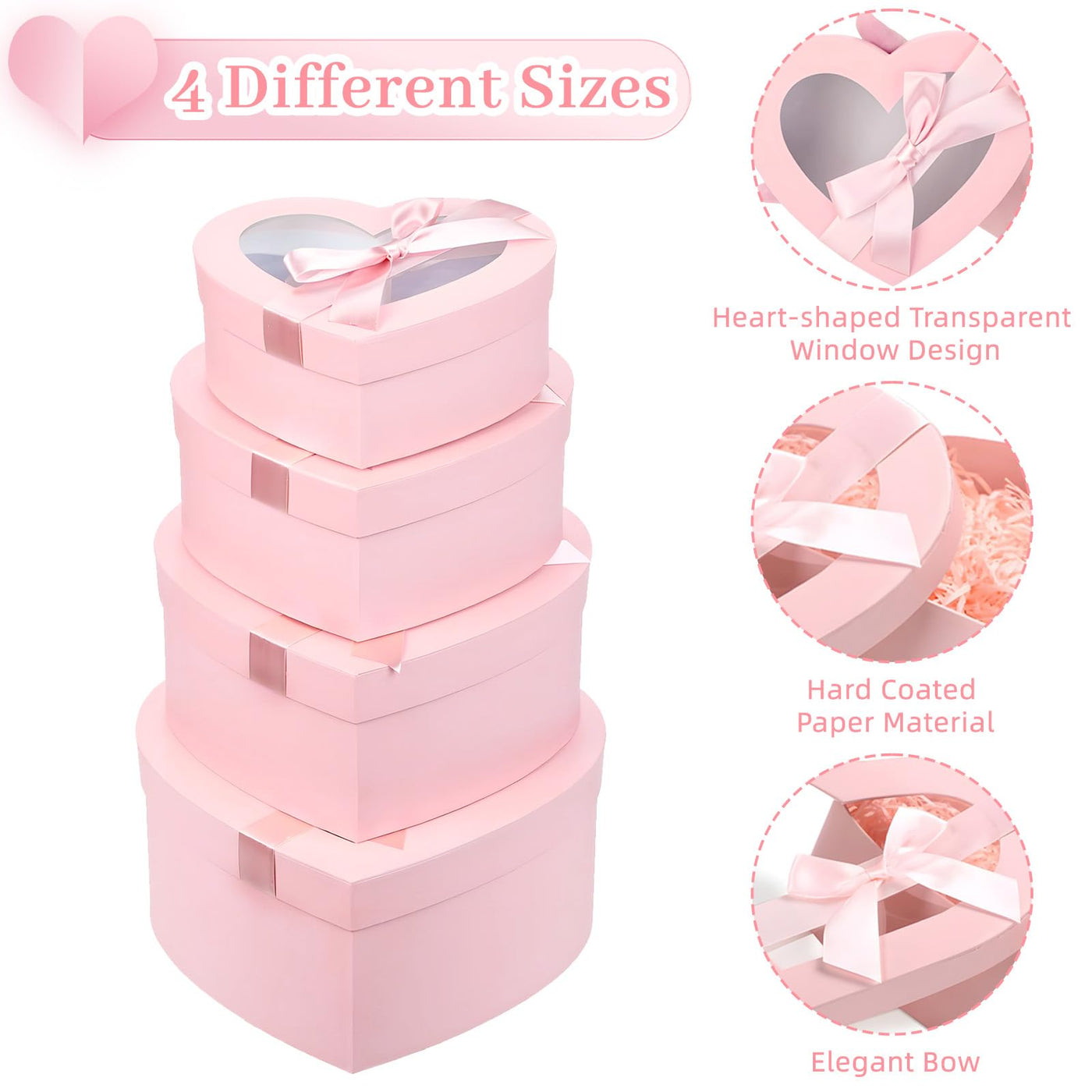 4-Piece Nesting Heart Gift Box Set with Clear Lids & Ribbons