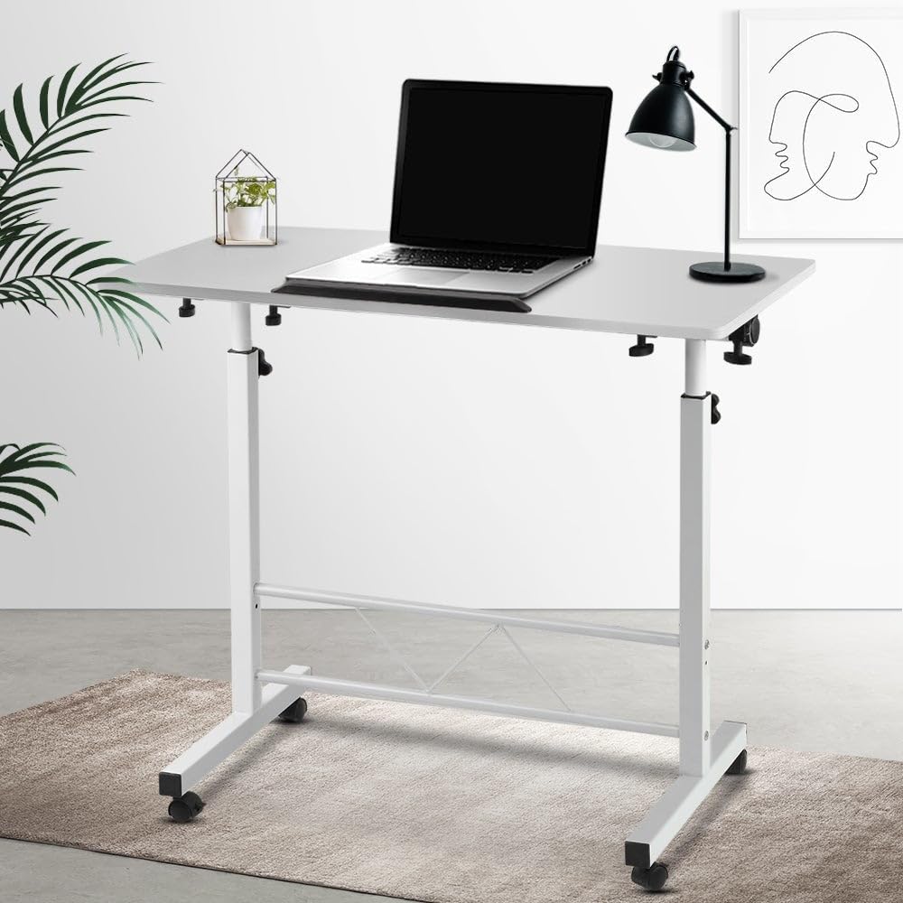 White Adjustable Laptop Table with 360° Lockable Castors