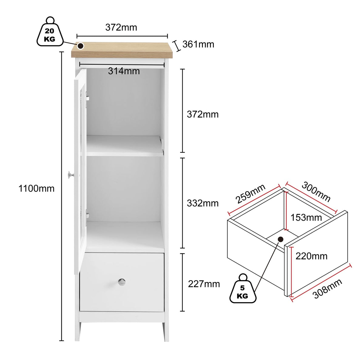 Tall Storage Cabinet Bathroom Kitchen Laundry Pantry Cupboard Shelves Glass Door White Small Bathroom Cabinet for Living Room, Kitchen, Office, White