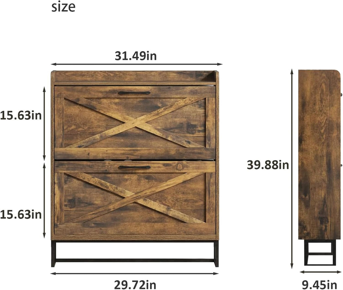 Rustic-Brown Shoe Cabinet with 2 Flip Drawers