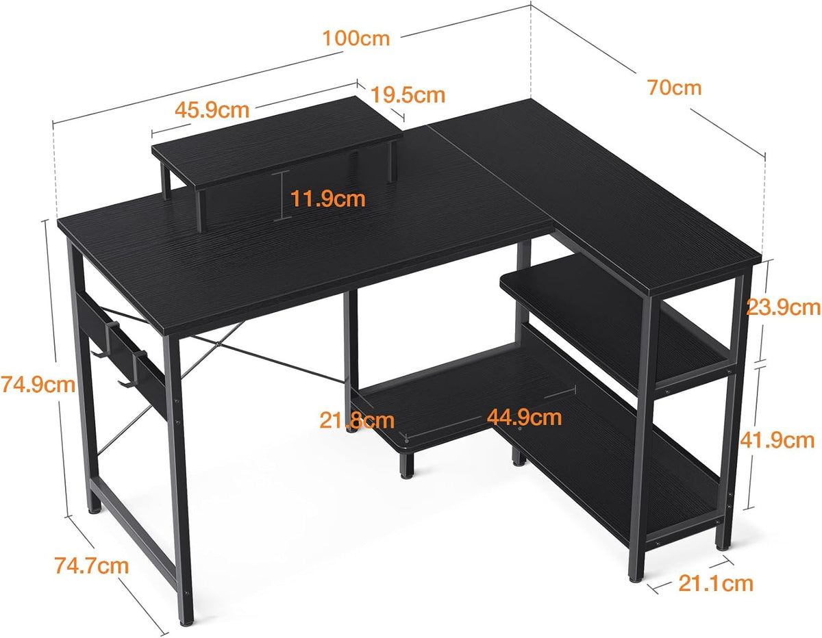 Reversible L-Shaped Desk with Shelves & Monitor Stand