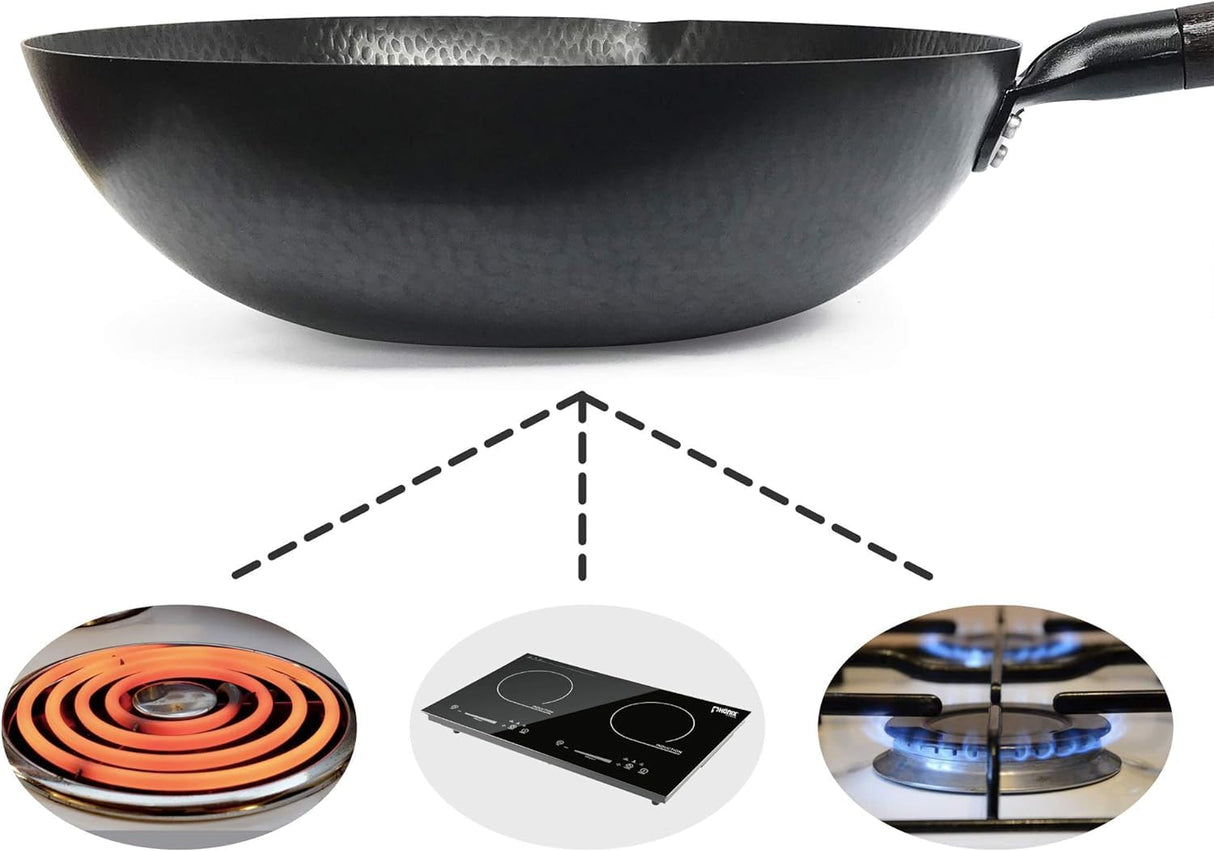 Carbon Steel Wok for Electric, Induction and Gas Stoves (Lid, Spatula and User Guide Video Included)