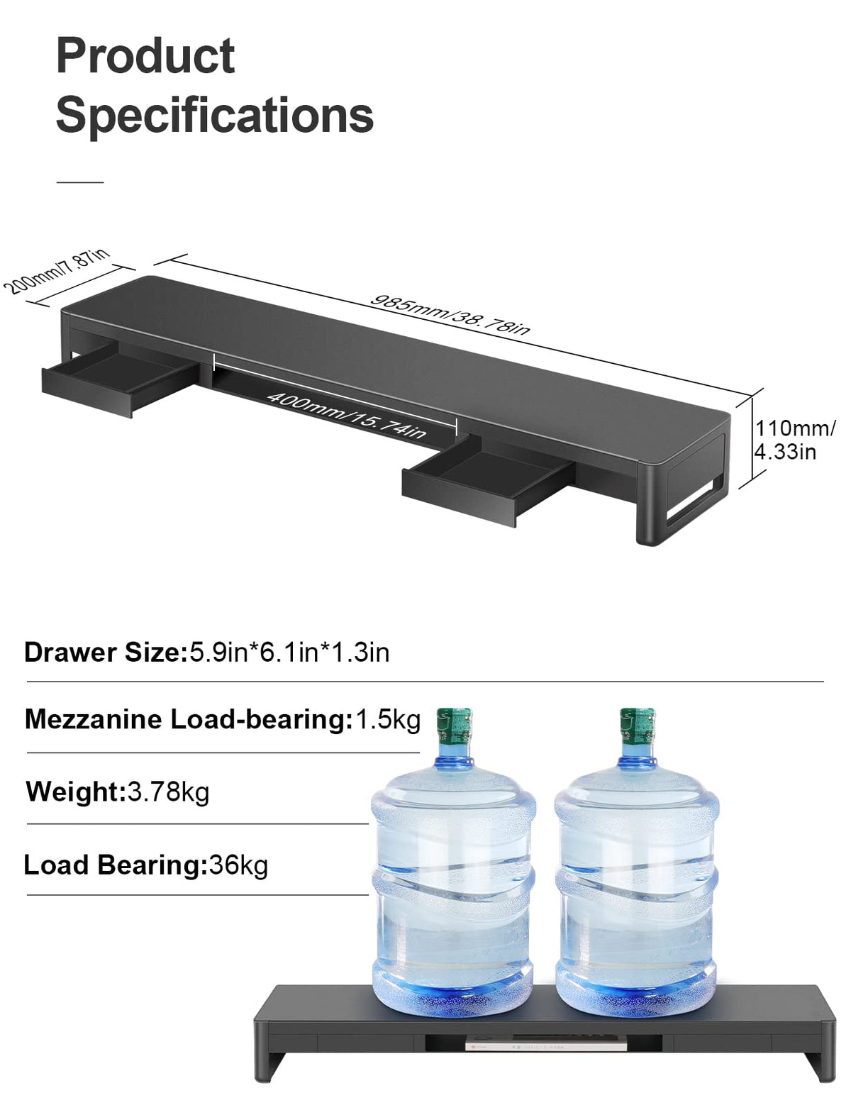 Dual-Monitor Riser with 2 Drawers & Keyboard Storage