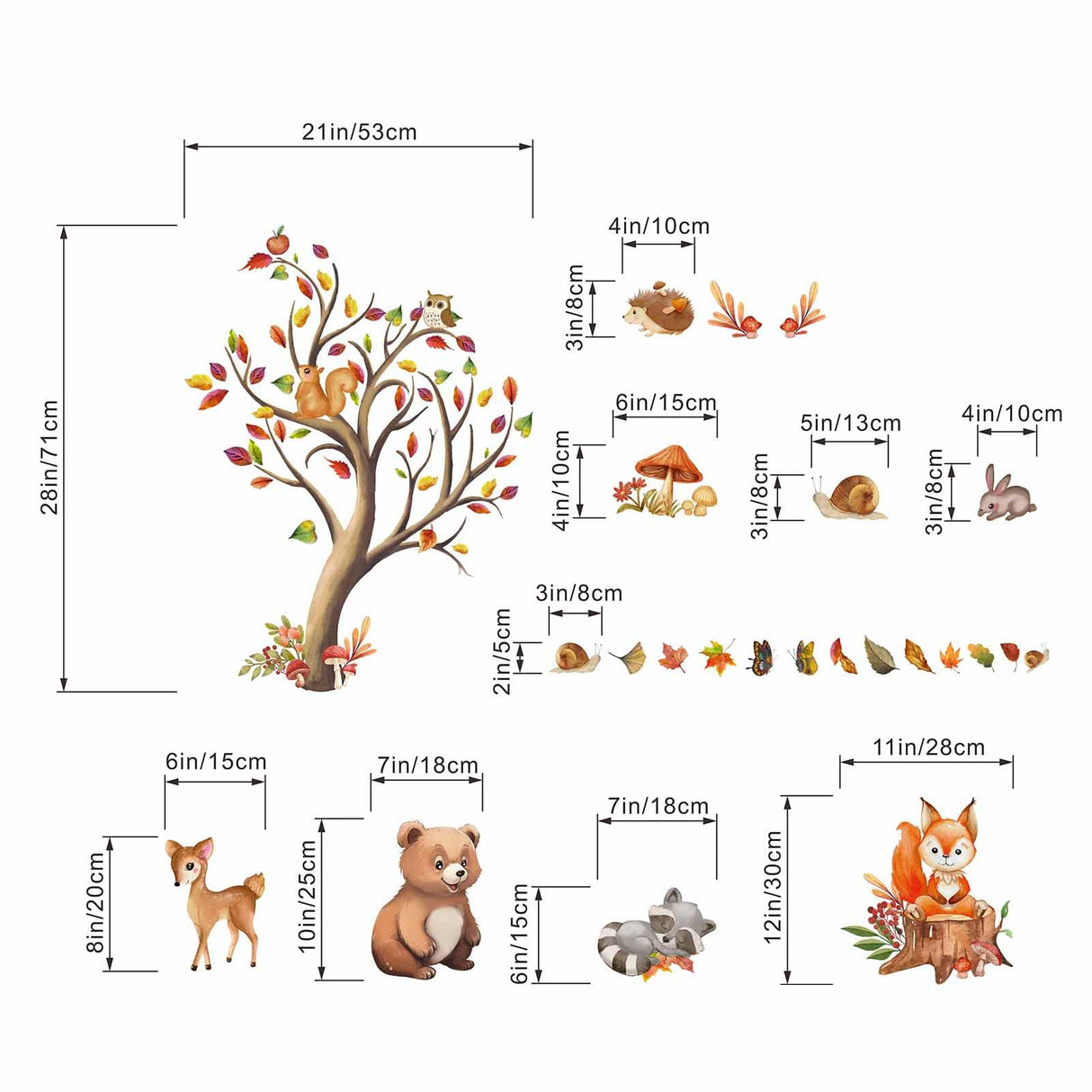 Woodland Animals Wall Decals - Baby Nursery Bear Fox Deer Autumn Wall Stickers - Kids Room Daycare Playroom Classroom Wall Decor