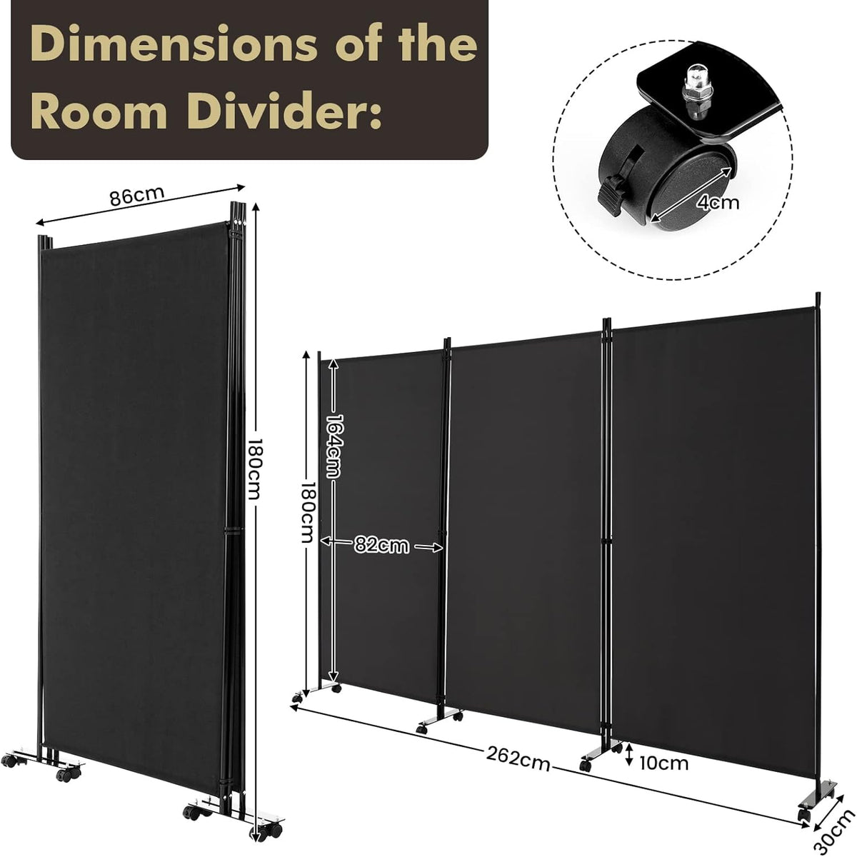 180cm Rolling 3-Panel Room Divider – Black or White Star