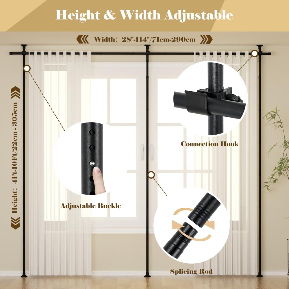 Kokorona Room Divider Curtain Rod, Double Vertical Tension Rods, No Drilling Curtain Rods for Room Separation, 71-290cm(W)1.2-3 m(H) Adjustable Floor to Ceiling Freestanding Curtain Rods Damage Free