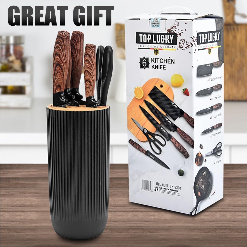 6-Piece Black Stainless-Steel Kitchen Knife Set with Block