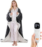 Wearable Heated Blanket with Sleeves & Foot Pockets – Flannel Sherpa, 10 Heat Levels, Timer