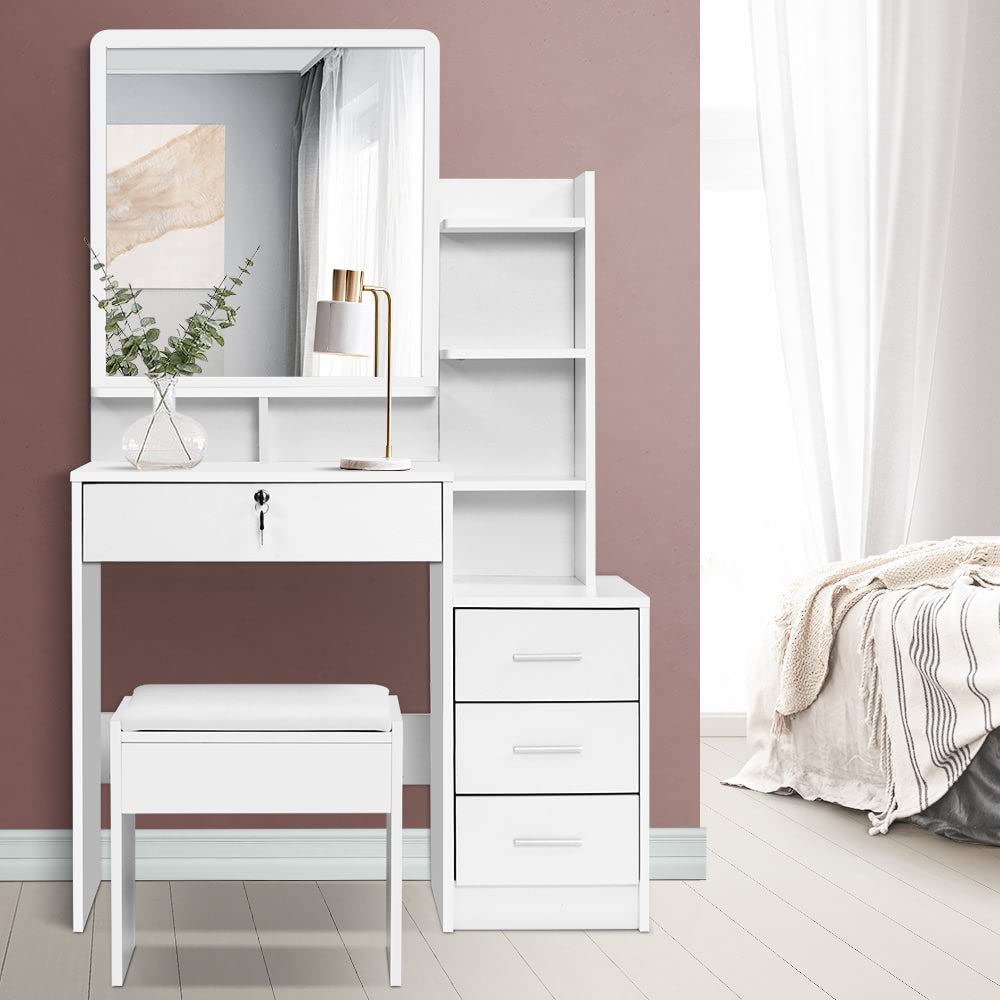 White Four-Drawer Dressing Table & Stool with Mirror
