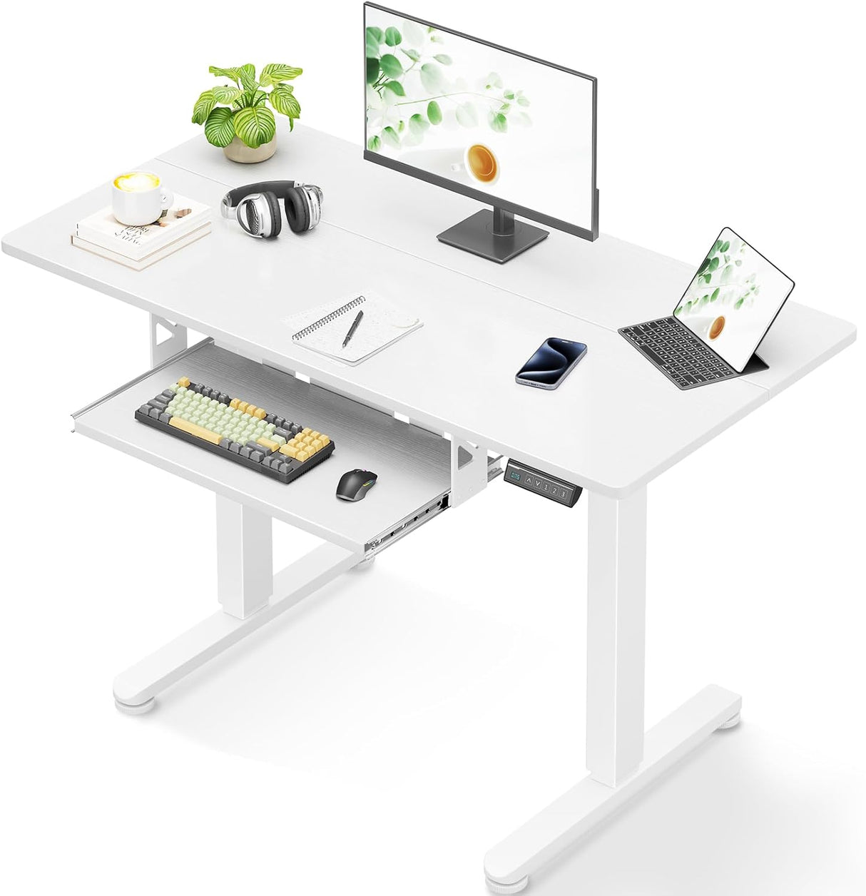 ODK Electric Standing Desk with Keyboard Tray & Memory Control,72-118cm Height Adjustable Sit Stand Desk,Ergonomic Computer Desk for Home Office,100 * 50cm,White