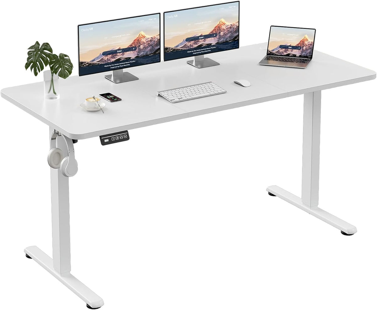 Electric Standing Desk 140x60cm (55.1"x23.6"), Height Adjustable Sit Stand Desk with Hooks, Metal Frame Stand up Desk with Powerful Motor, Ergonomic Computer Desk for Home Office