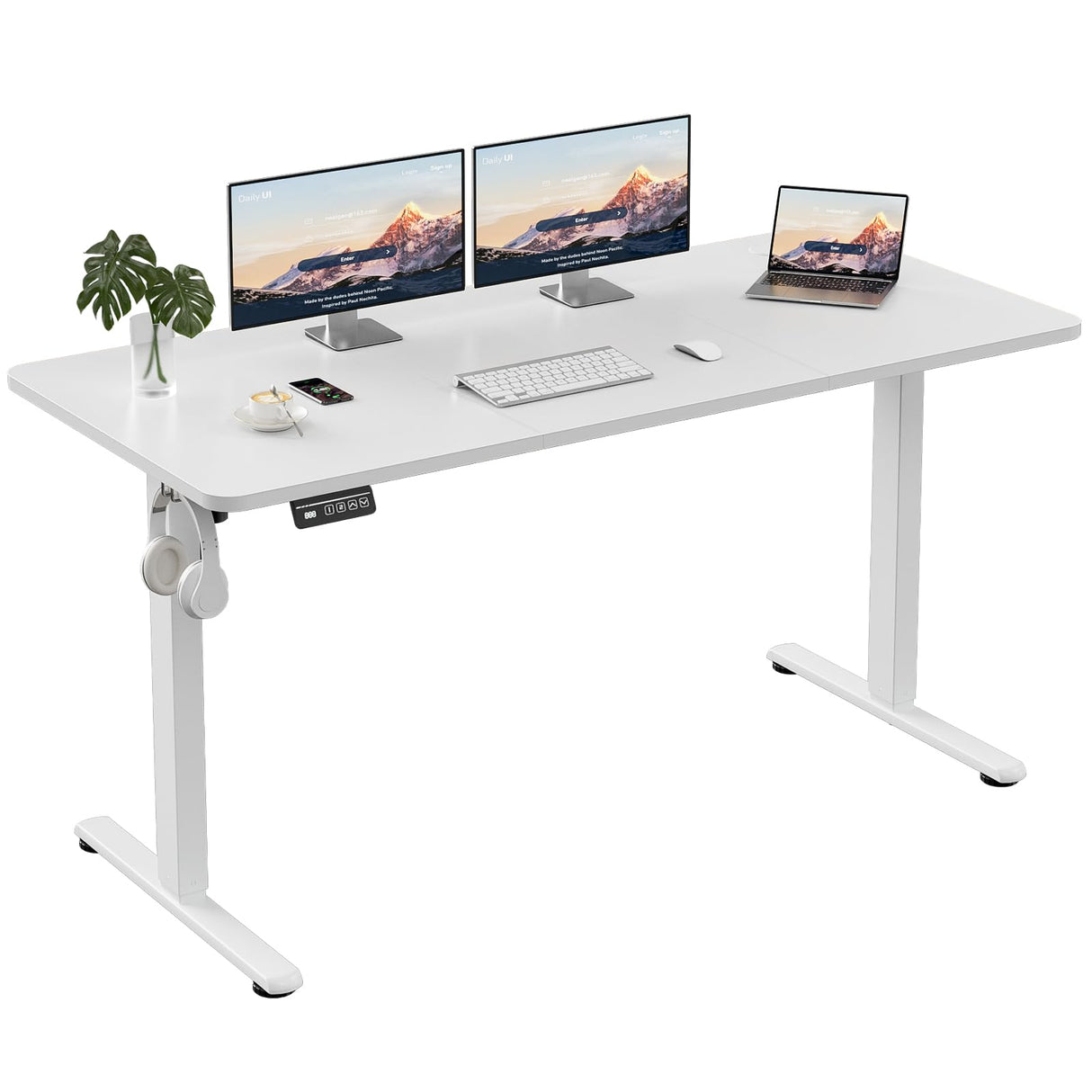 Electric Standing Desk 140x60cm (55.1"x23.6"), Height Adjustable Sit Stand Desk with Hooks, Metal Frame Stand up Desk with Powerful Motor, Ergonomic Computer Desk for Home Office (Brown)