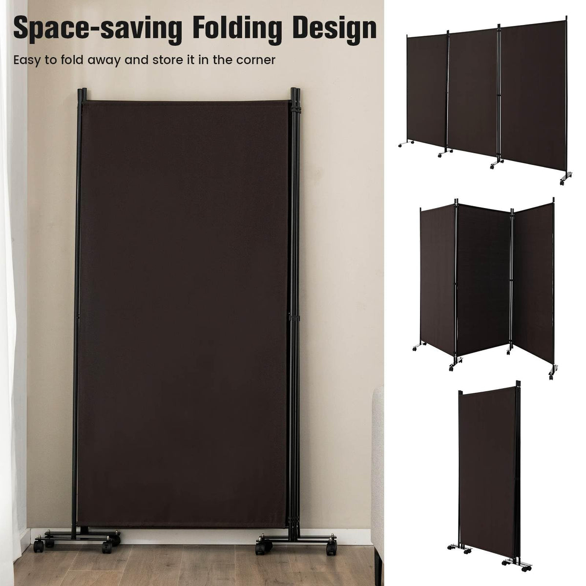 180cm Rolling 3-Panel Room Divider – Black or White Star
