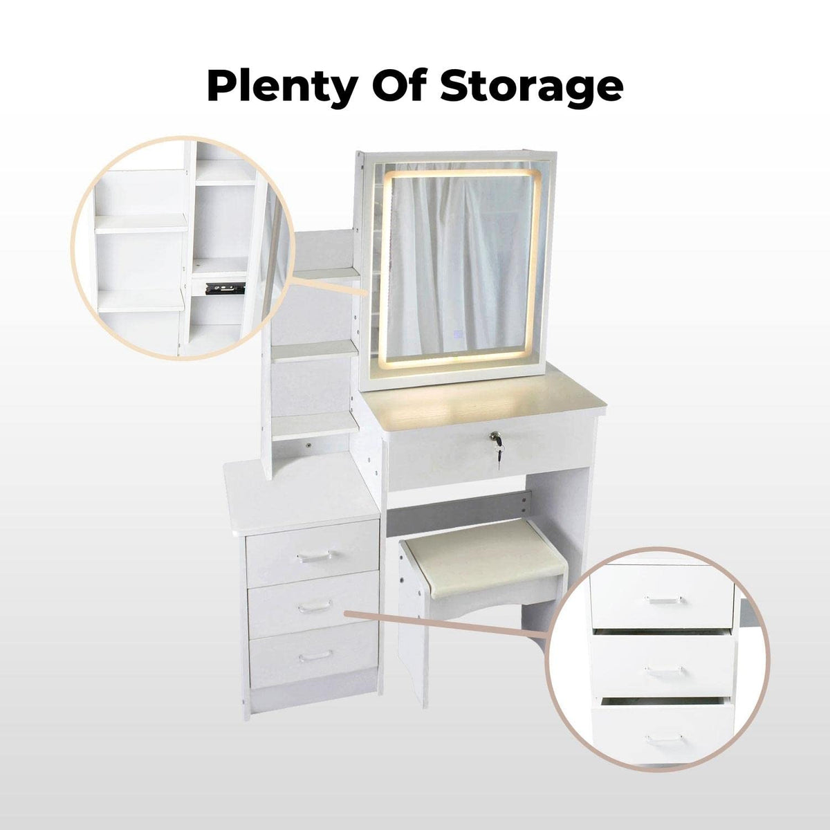 Dressing Table, Makeup Desk with Stool and Sliding Come with Storage and Drawer, Modern Design, White Makeup Table with Mirror and Chair, 3 Color and Brightness LED Mirror