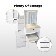 Dressing Table, Makeup Desk with Stool and Sliding Come with Storage and Drawer, Modern Design, White Makeup Table with Mirror and Chair, 3 Color and Brightness LED Mirror
