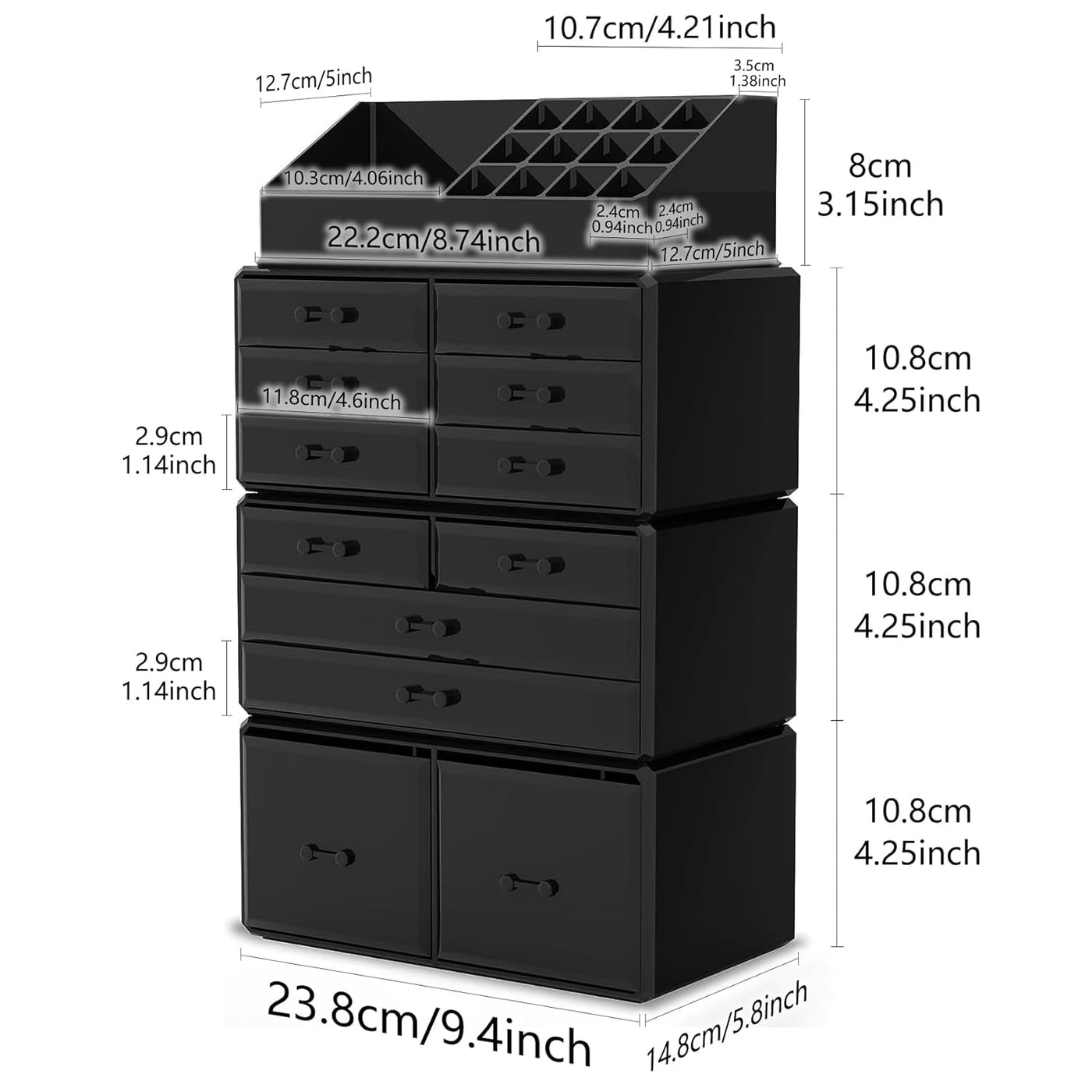 12-Drawer Stackable Makeup Organiser with 16 Top Compartments