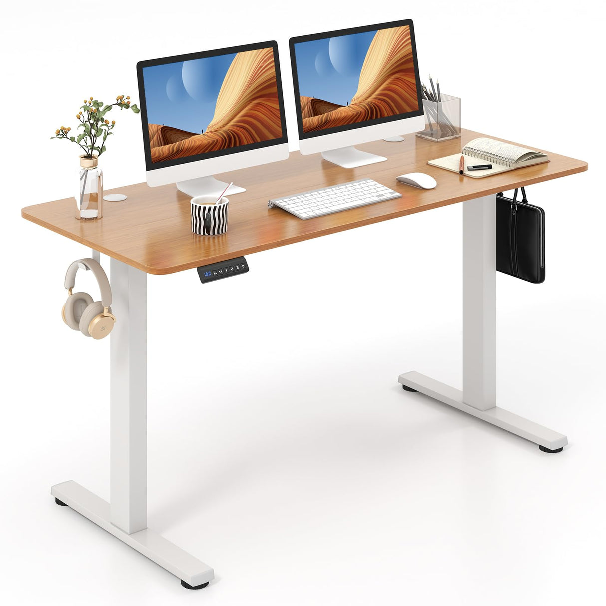 Giantex Electric Standing Desk, 140 x 60 cm Sit Stand Home Office Desk with 3 Memory Height Settings, Height Adjustable Computer Desk with 2 Hanging Hooks & Cable Management (Black)