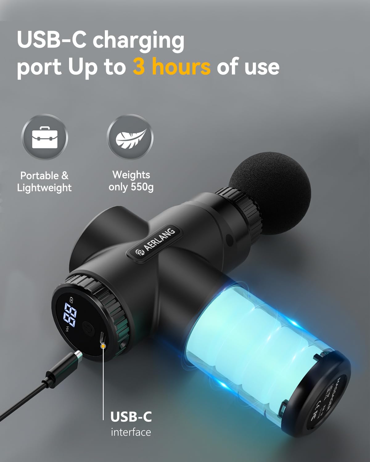 Massage Gun, Massage Gun Deep Tissue, with 10 Speed Levels, Type-C Charging, Portable Handheld Muscle Massager, Home and Office Use, Ideal Gifts for Men