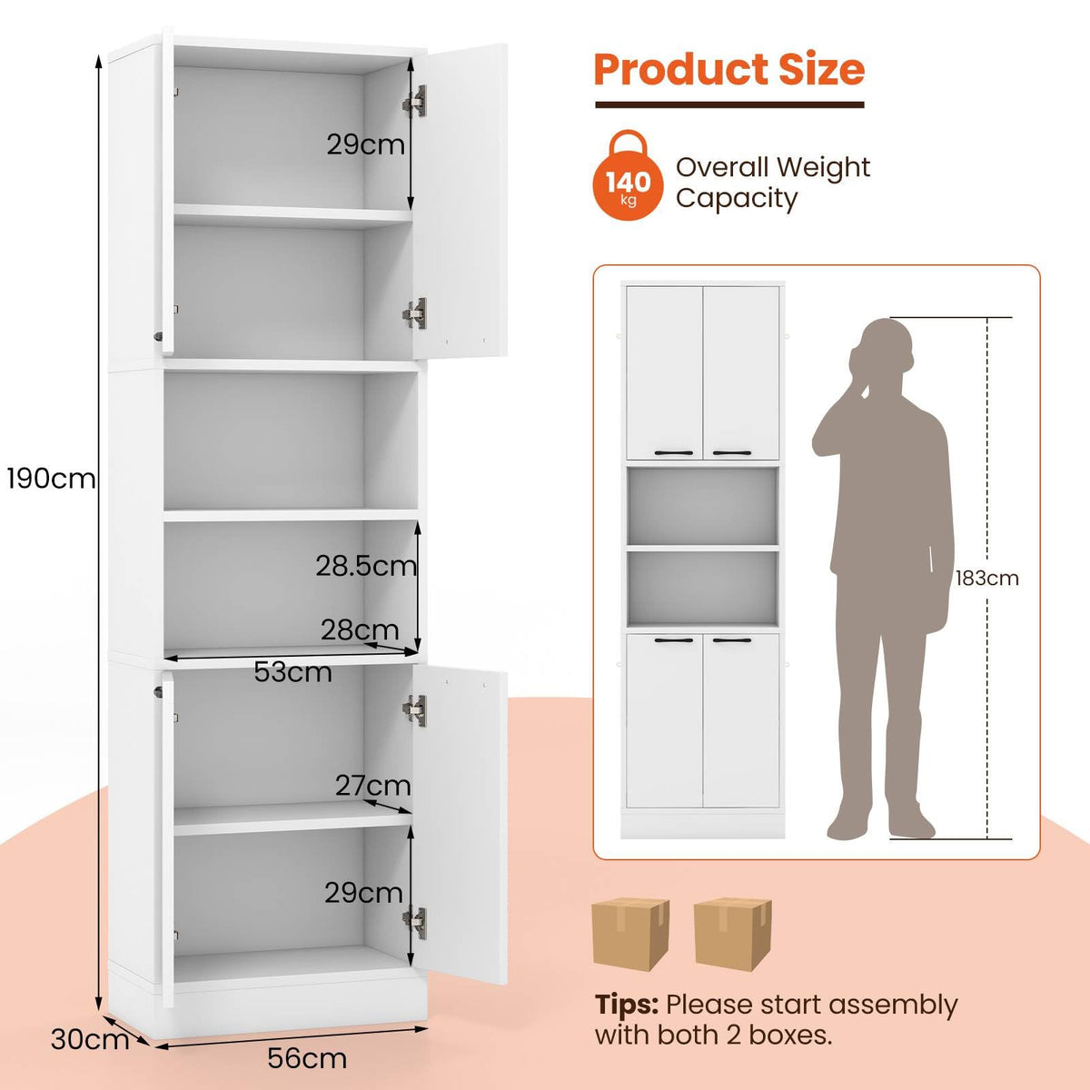190 cm White Freestanding Pantry Cabinet with Doors & Shelves