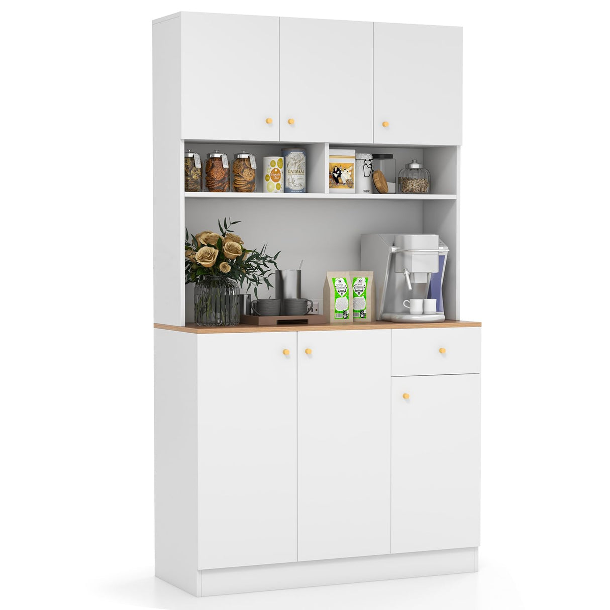 Tall Pantry Cabinet, Kitchen Cabinet with Outlets, USB Ports, Anti-Tipping Kits & 3-Position Adjustable Shelves, Freestanding Buffet Cupboard with Hutch, Microwave Cabinet Dining Room